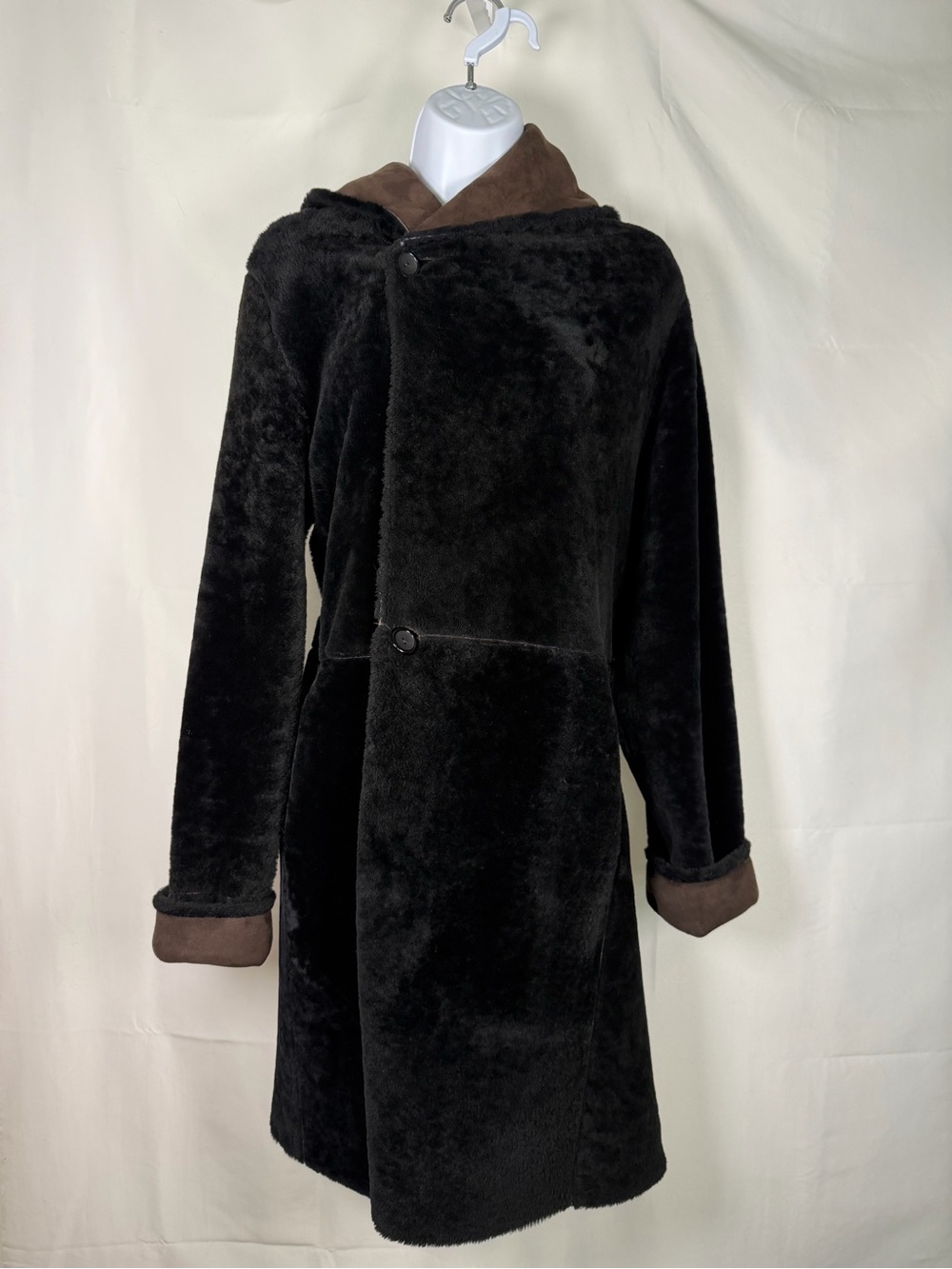 DOMINIC BELLISSIMO Reversible 100% Shearling Coat Hooded Brown Suede Black Fur 8